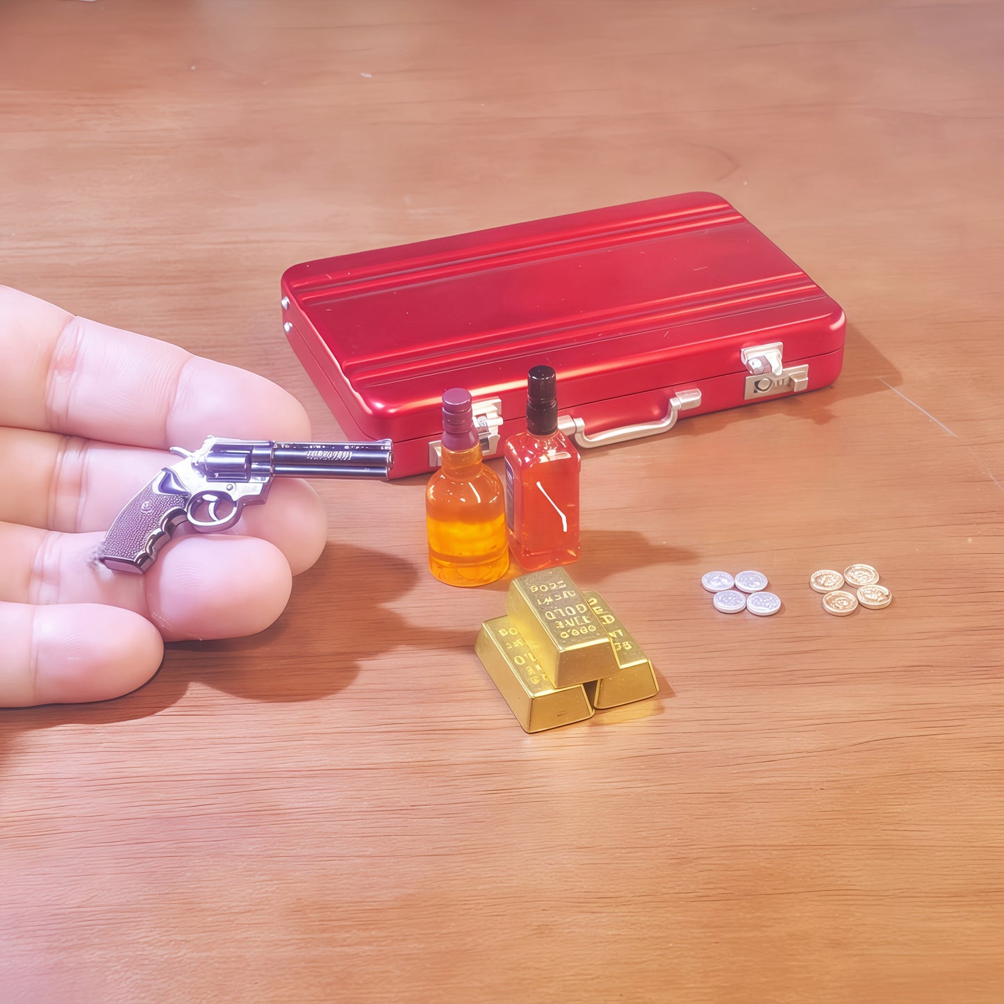 1:6 Scale Miniature Red Briefcase Set - Includes 14 Mini Gold Bars, 2 bottles of Whiskey, and 8 Vintage Coins - Unique Adult NoveltyToy & Dollhouse Accessories