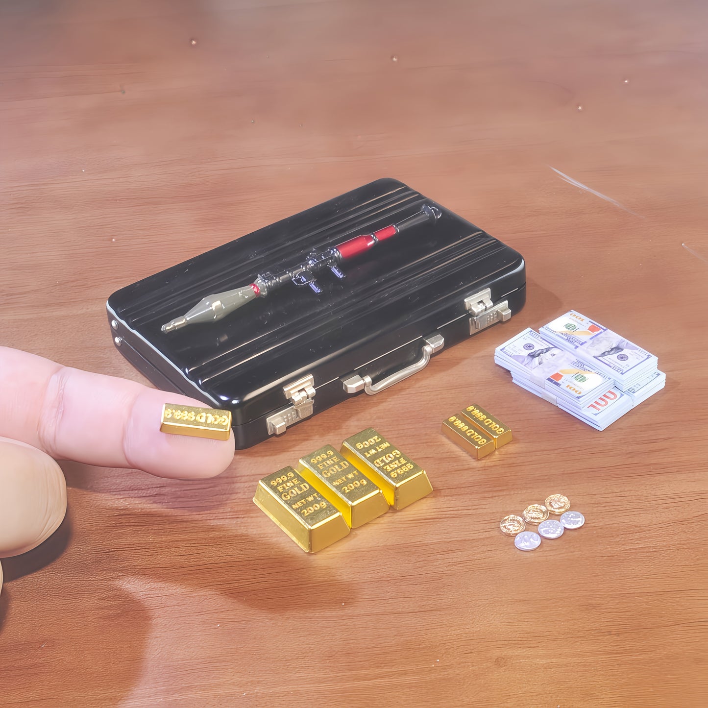 1:6 Scale Miniature Red Briefcase Set -Comes with 1 Heavy Weapon，Mini GoldenBars,  Miniature Bills and Antique Coins - Unique Adult Novelty Toys，Creative Gift and Dollhouse Accessories