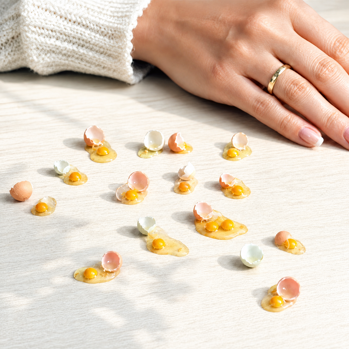 FDMINI Mini Spilled Cracked Eggs – 8 Styles Realistic Miniature Broken Egg with Shell Halves for 1:6 Scale Dollhouse Kitchen, BJD & Blythe Props
