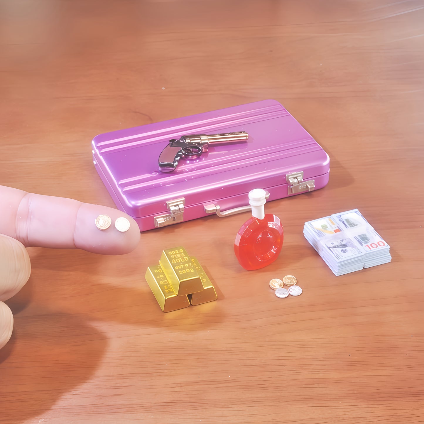1:6 Scale Miniature Pink Briefcase Set - Includes Mini GoldenBars, Mini XO, Vintage Coins, Mini Dollar Bills and Mini Revolver  - Unique Adult Novelty Toys, Creative Gift and Dollhouse Accessories