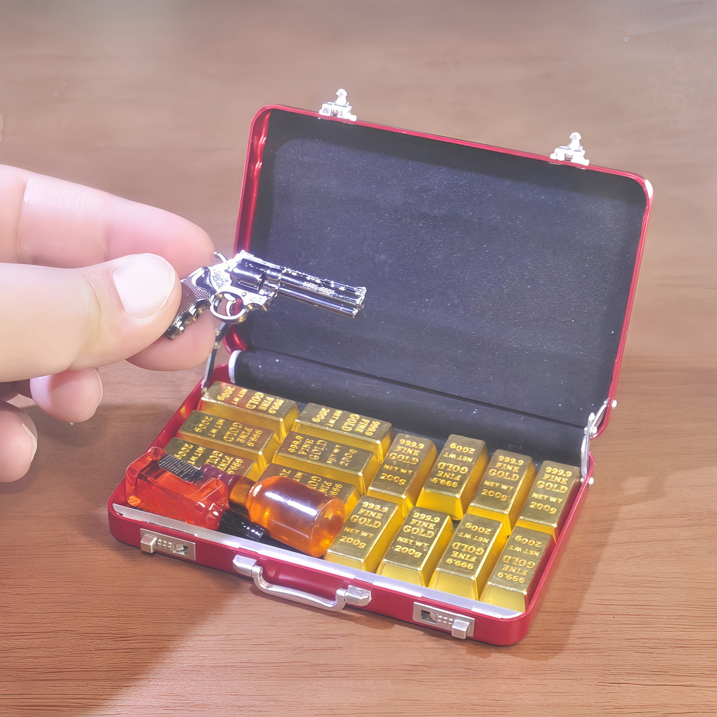 1:6 Scale Miniature Red Briefcase Set - Includes 14 Mini Gold Bars, 2 bottles of Whiskey, and 8 Vintage Coins - Unique Adult NoveltyToy & Dollhouse Accessories