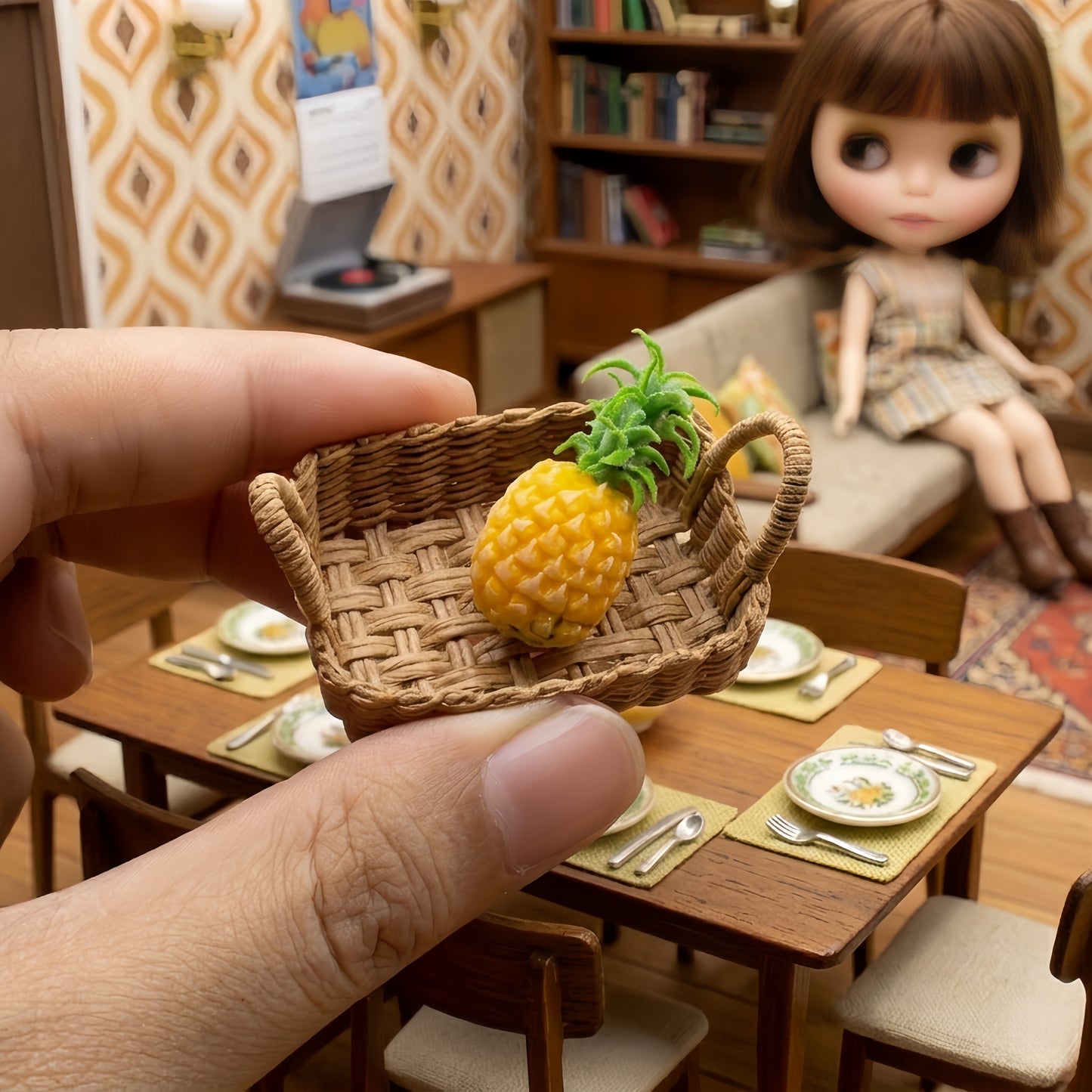 Miniature Pineapple - Hand-Sculpted 1:6 Scale Whole Pineapple with Textured Rind & Spiky Crown, Realistic Tropical Dollhouse Fruit for Blythe & Barbie Dioramas, Resin Jewelry & Polymer Clay Food