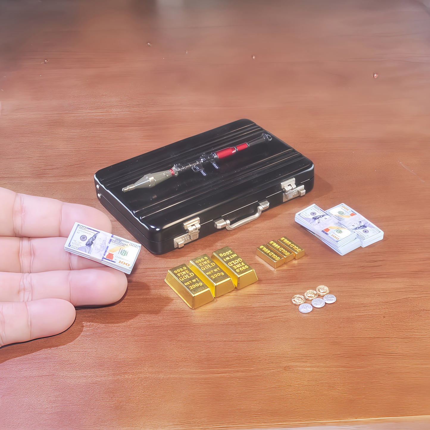 1:6 Scale Miniature Red Briefcase Set -Comes with 1 Heavy Weapon，Mini GoldenBars,  Miniature Bills and Antique Coins - Unique Adult Novelty Toys，Creative Gift and Dollhouse Accessories