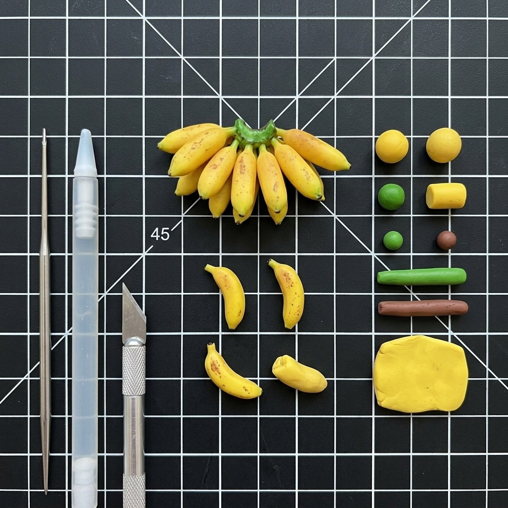 3Pcs Miniature Banana Bunch - Hand-Sculpted 1:6 Scale Ripe Lady Finger Bananas with Green Stem & Sugar Spots, Realistic Dollhouse Fruit for Blythe & Barbie Dioramas, Polymer Clay Food