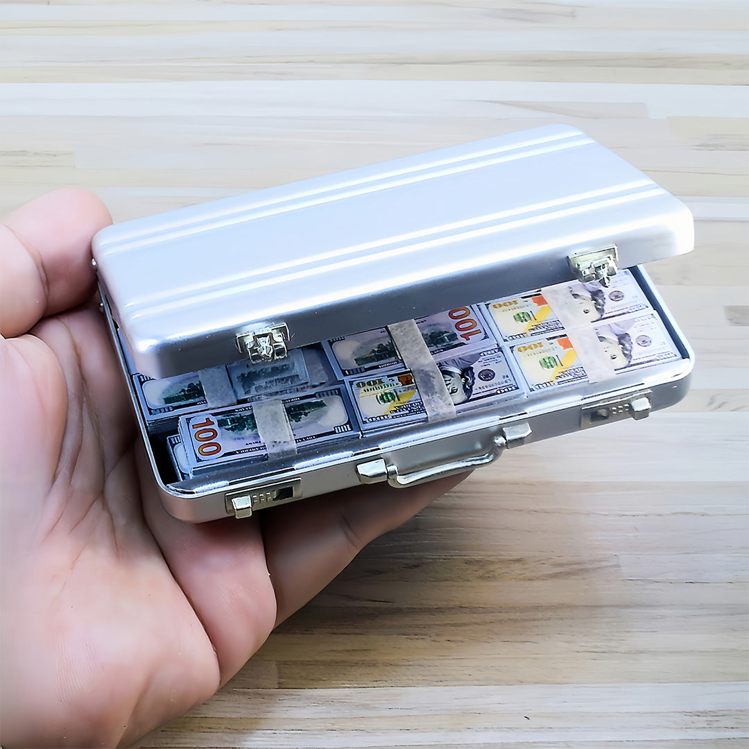 1:6 Silver Alloy Mini Briefcase Set - Creative Model House Decor for Adults, Office Style Replica with Security Case & Money Bundles, Miniature Photography Props