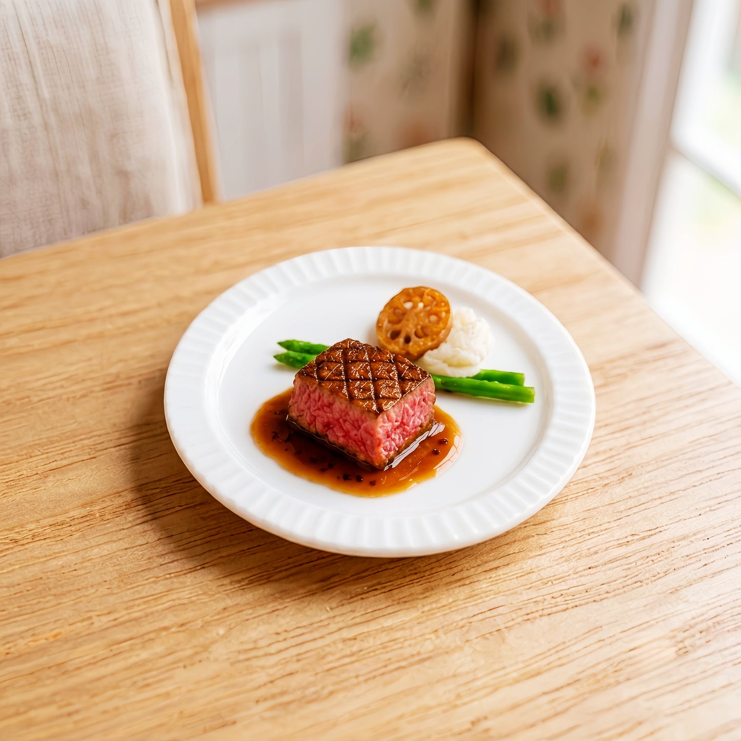 Miniature Grilled Steak - Hand-Sculpted 1:6 Scale Fine Dining Filet Mignon with Red Wine Jus, Asparagus & Purée, Realistic Tiny Gourmet Plated Dish for Blythe & Barbie Dioramas, Polymer Clay Food