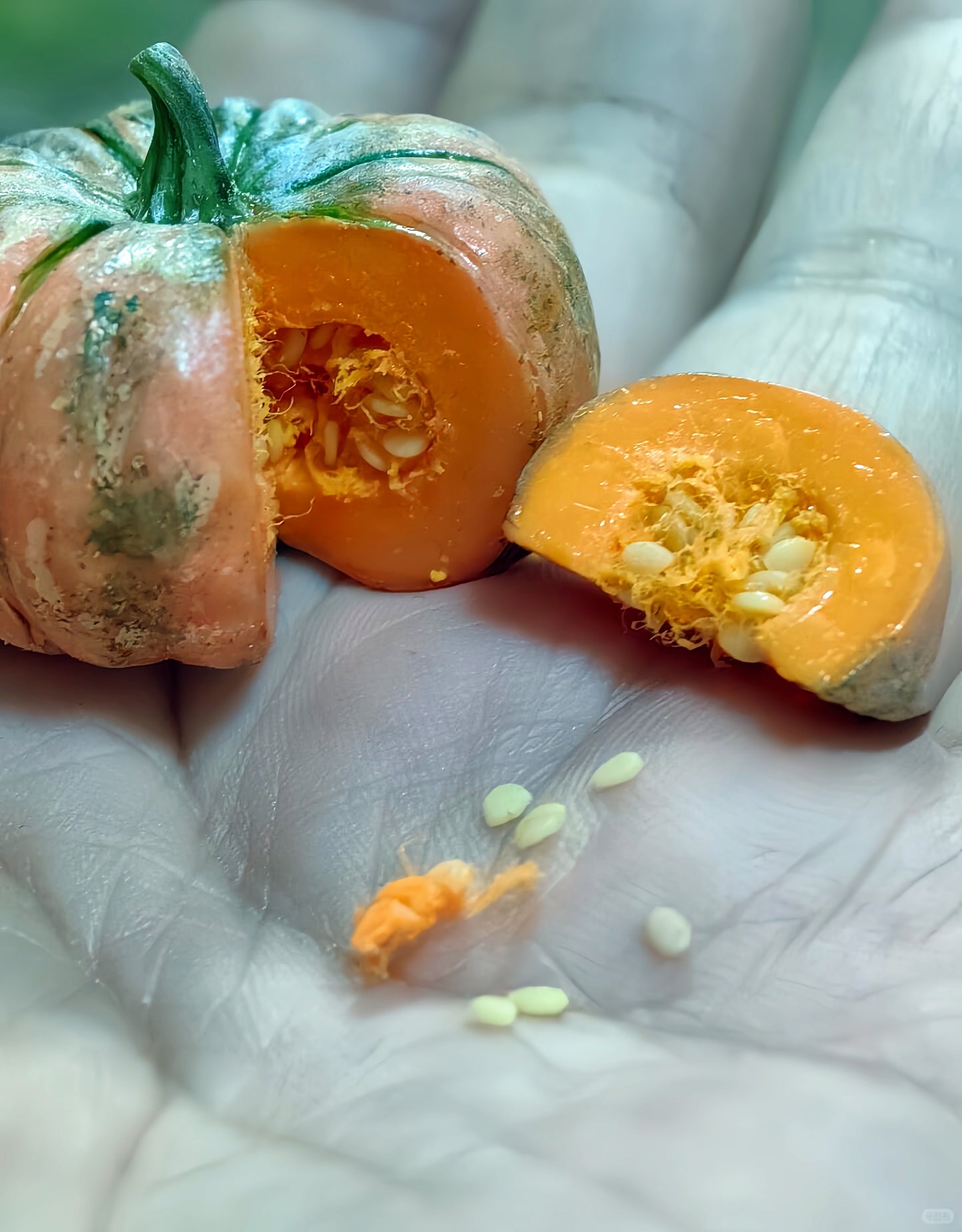 2Pcs Miniature Pumpkin Set – Hand-Sculpted 1:6 Scale Dollhouse Pumpkin with Cut Wedge, Seeds and Pulp, Realistic Tiny Fall Squash for Blythe & Barbie Halloween Dioramas, Resin Jewelry & Polymer Clay Food Miniatures