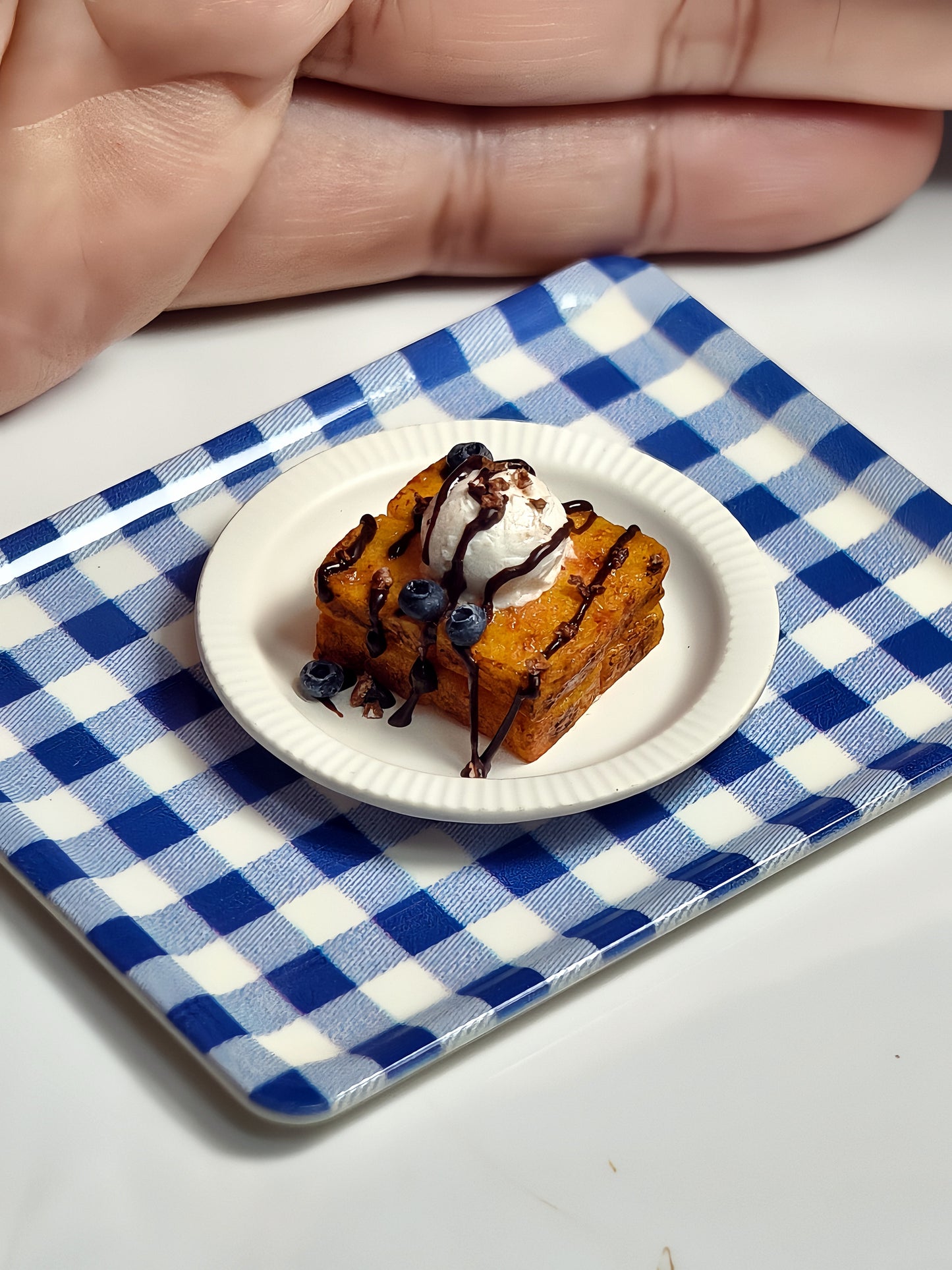 Miniature Honey Toast - Hand-Sculpted 1:6 Scale Shibuya Toast Dessert with Ice Cream Scoop, Chocolate Drizzle & Blueberries, Realistic Tiny Café Food for Blythe & Barbie Dioramas, Polymer Clay Food