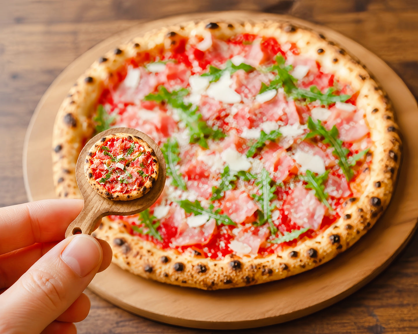 Miniature Neapolitan Pizza - Hand-Sculpted 1:6 Scale Dollhouse Pizza with Leopard-Spotted Crust, Tomato, Prosciutto & Arugula on Wooden Board, Realistic Tiny Food for Blythe & Barbie Dioramas, Polymer Clay Food