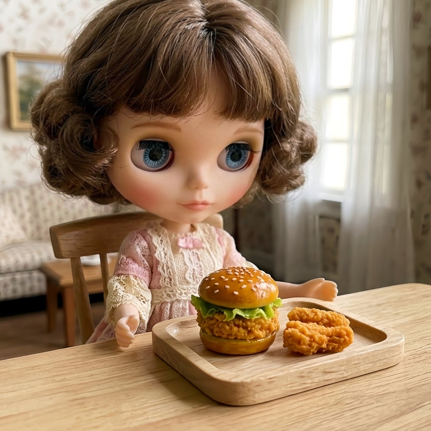 Miniature Burger Collection - Hand-Sculpted 1:6 Scale Dollhouse Burgers, 4 Styles: Classic Cheeseburger, Sesame Beef Burger, Fried Chicken Burger & Breakfast Muffin Sandwich, Realistic Tiny Fast Food for Blythe & Barbie Dioramas, Polymer Clay Food