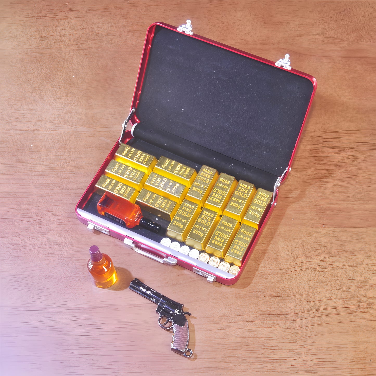 1:6 Scale Miniature Red Briefcase Set - Includes 14 Mini Gold Bars, 2 bottles of Whiskey, and 8 Vintage Coins - Unique Adult NoveltyToy & Dollhouse Accessories
