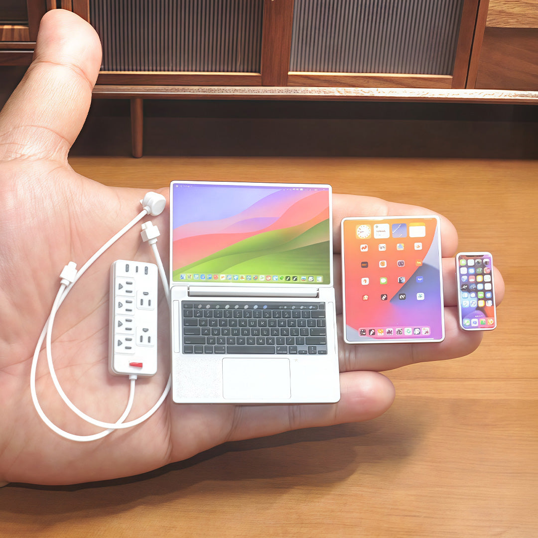 1:6 Scale Miniature Modern Tech Set - Dollhouse Laptop, Tablet, Smartphone & Power Strip - Realistic Office Accessories (Silvery Edition)