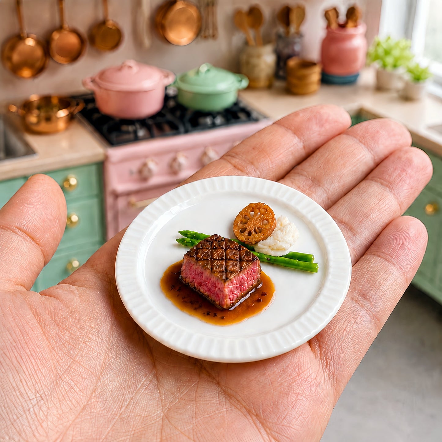 Miniature Grilled Steak - Hand-Sculpted 1:6 Scale Fine Dining Filet Mignon with Red Wine Jus, Asparagus & Purée, Realistic Tiny Gourmet Plated Dish for Blythe & Barbie Dioramas, Polymer Clay Food