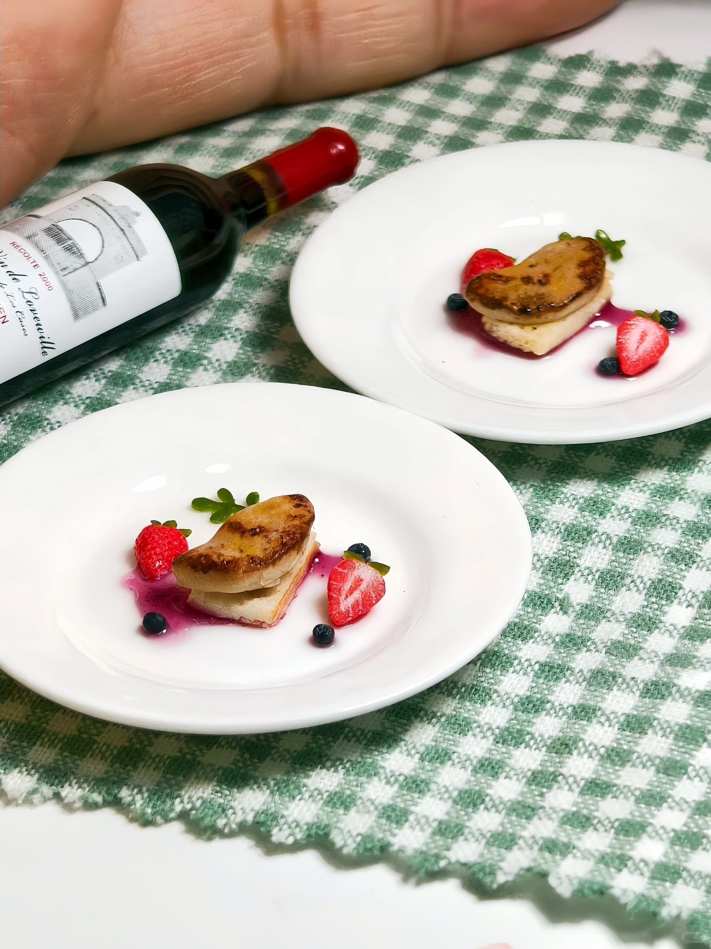 Miniature Seared Foie Gras - Hand-Sculpted 1:6 Scale Fine Dining Plated Dish with Berry Coulis, Strawberry & Blueberry Garnish on Brioche, Realistic Tiny Gourmet Food for Blythe & Barbie Dioramas, Polymer Clay Food