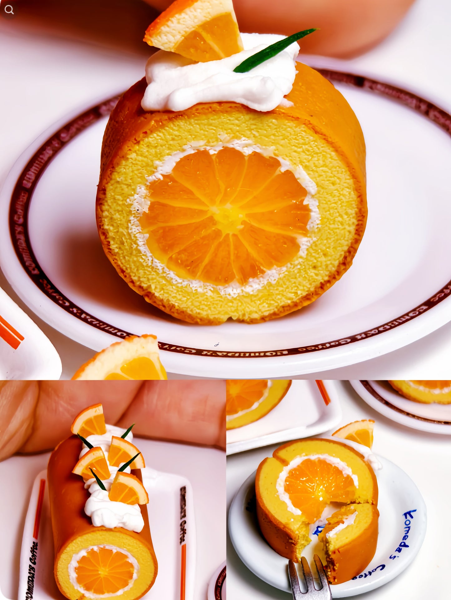Miniature Orange Swiss Roll Cake - Hand-Sculpted 1:6 Scale Dollhouse Cake Roll with Whole Orange Slice Center, Whipped Cream & Citrus Garnish, Realistic Tiny Dessert for Blythe & Barbie Dioramas, Polymer Clay Food