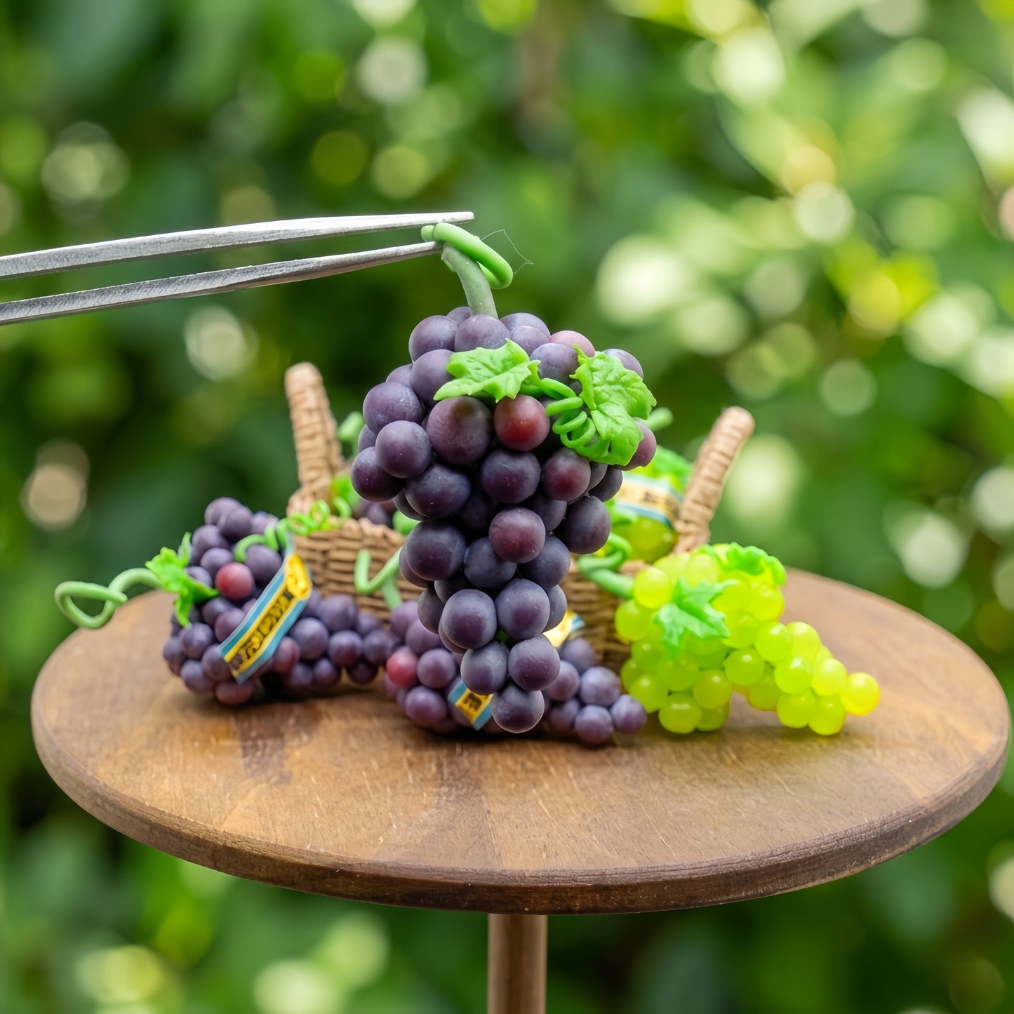 Miniature Grapes - Hand-Sculpted 1:6 Scale Grape Clusters with Vine Tendrils, Leaves & Fruit-Shop Wrap, Purple & Shine Muscat Green, Realistic Dollhouse Fruit for Blythe & Barbie Dioramas, Polymer Clay Food