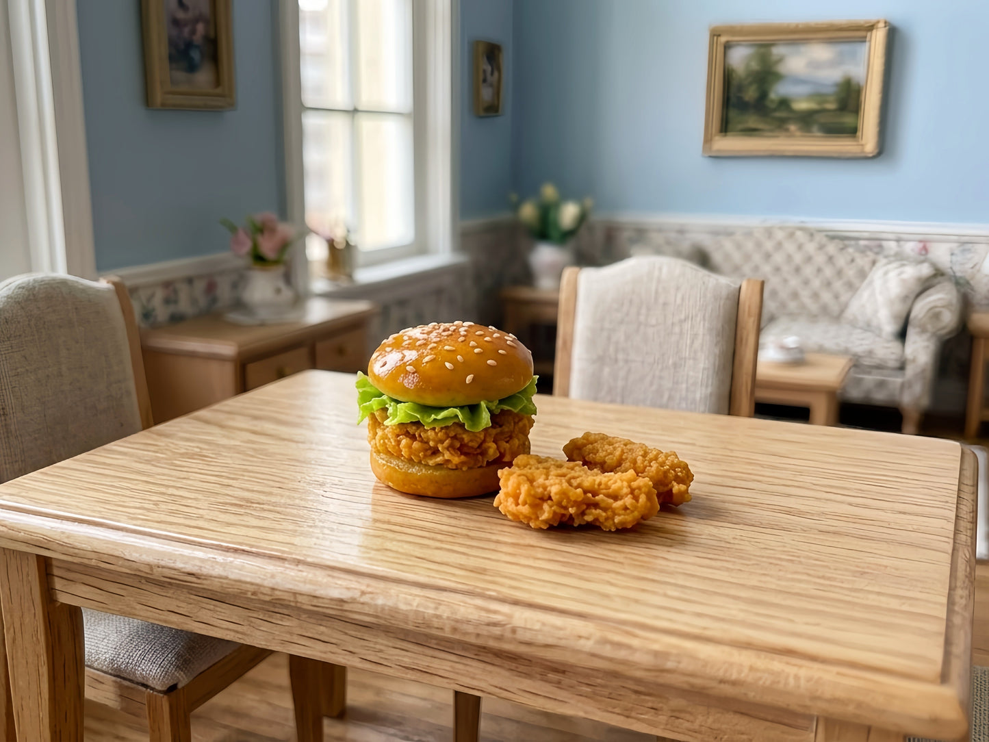 Miniature Burger Collection - Hand-Sculpted 1:6 Scale Dollhouse Burgers, 4 Styles: Classic Cheeseburger, Sesame Beef Burger, Fried Chicken Burger & Breakfast Muffin Sandwich, Realistic Tiny Fast Food for Blythe & Barbie Dioramas, Polymer Clay Food