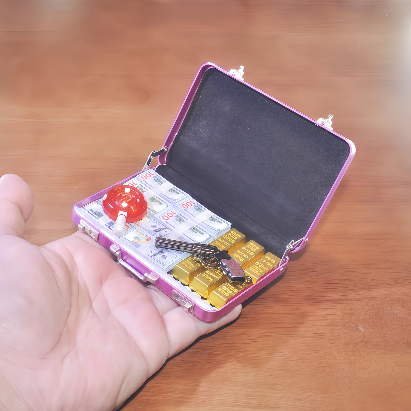 1:6 Scale Miniature Pink Briefcase Set - Includes Mini GoldenBars, Mini XO, Vintage Coins, Mini Dollar Bills and Mini Revolver  - Unique Adult Novelty Toys, Creative Gift and Dollhouse Accessories