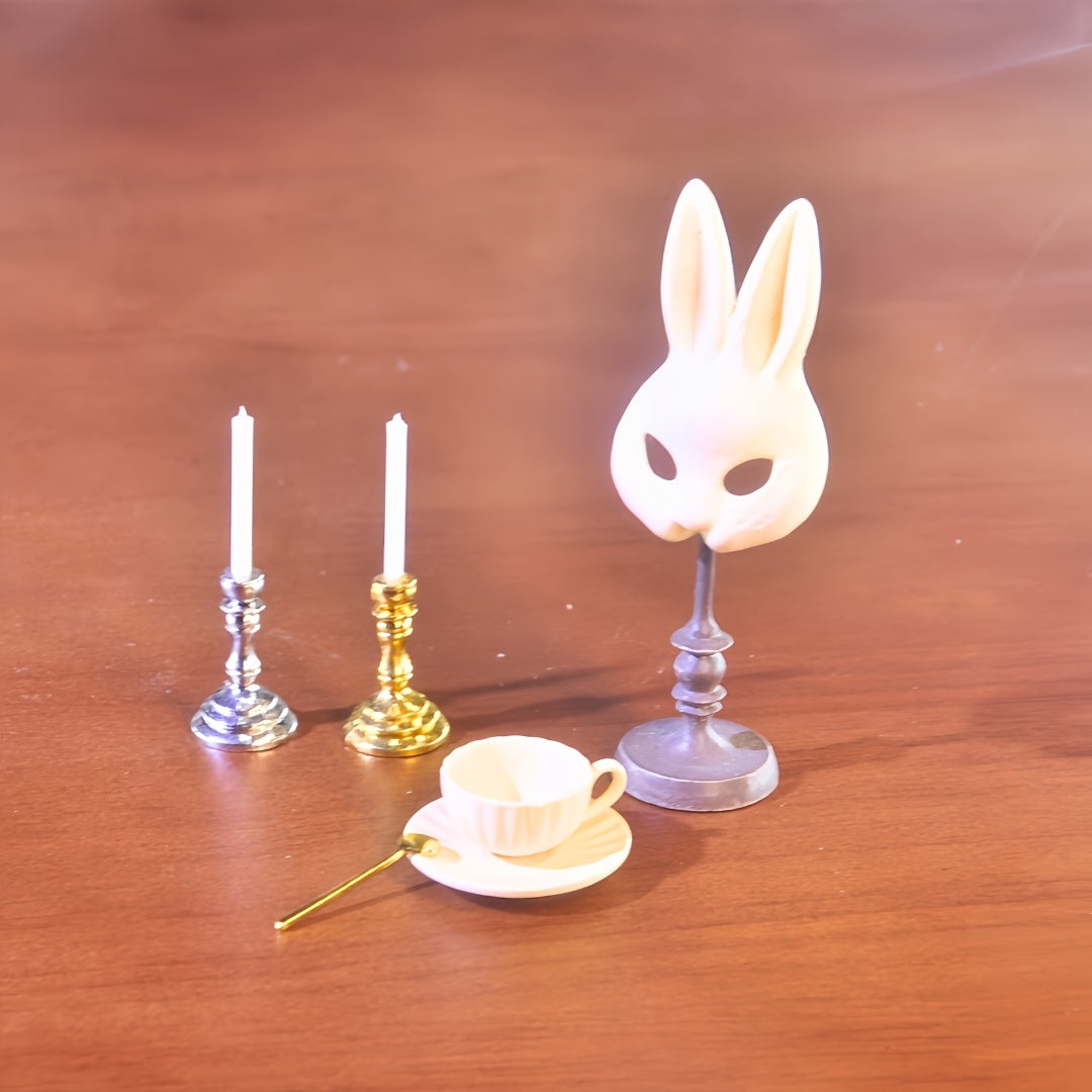1:6 Scale Miniature Rabbit Mask, Gold & Silver Candle Holders, and Coffee Cup Set - Ideal for Creative Gifts, Dollhouse Accessories, and Unique Novelty Collectibles for Ages 14+