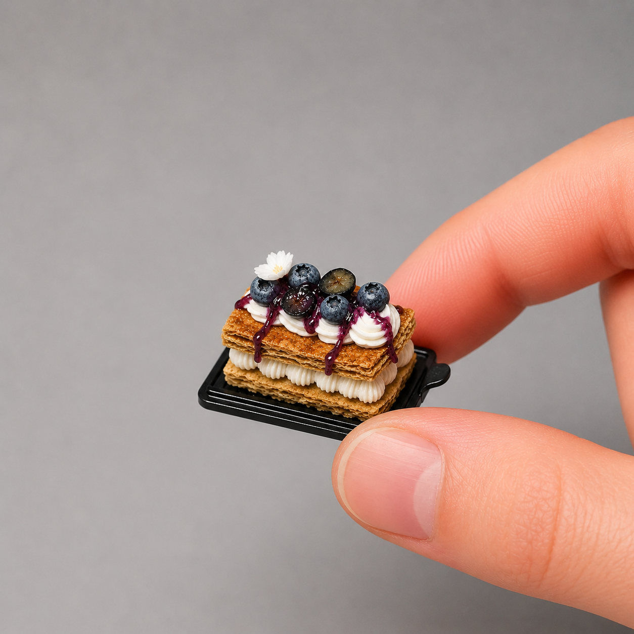 1:6 Scale Miniature Mille-Feuille Set – Dollhouse French Pastry Tray with Blueberry, Tropical Fruit & Strawberry Designs, Handmade Polymer Clay Bakery Food