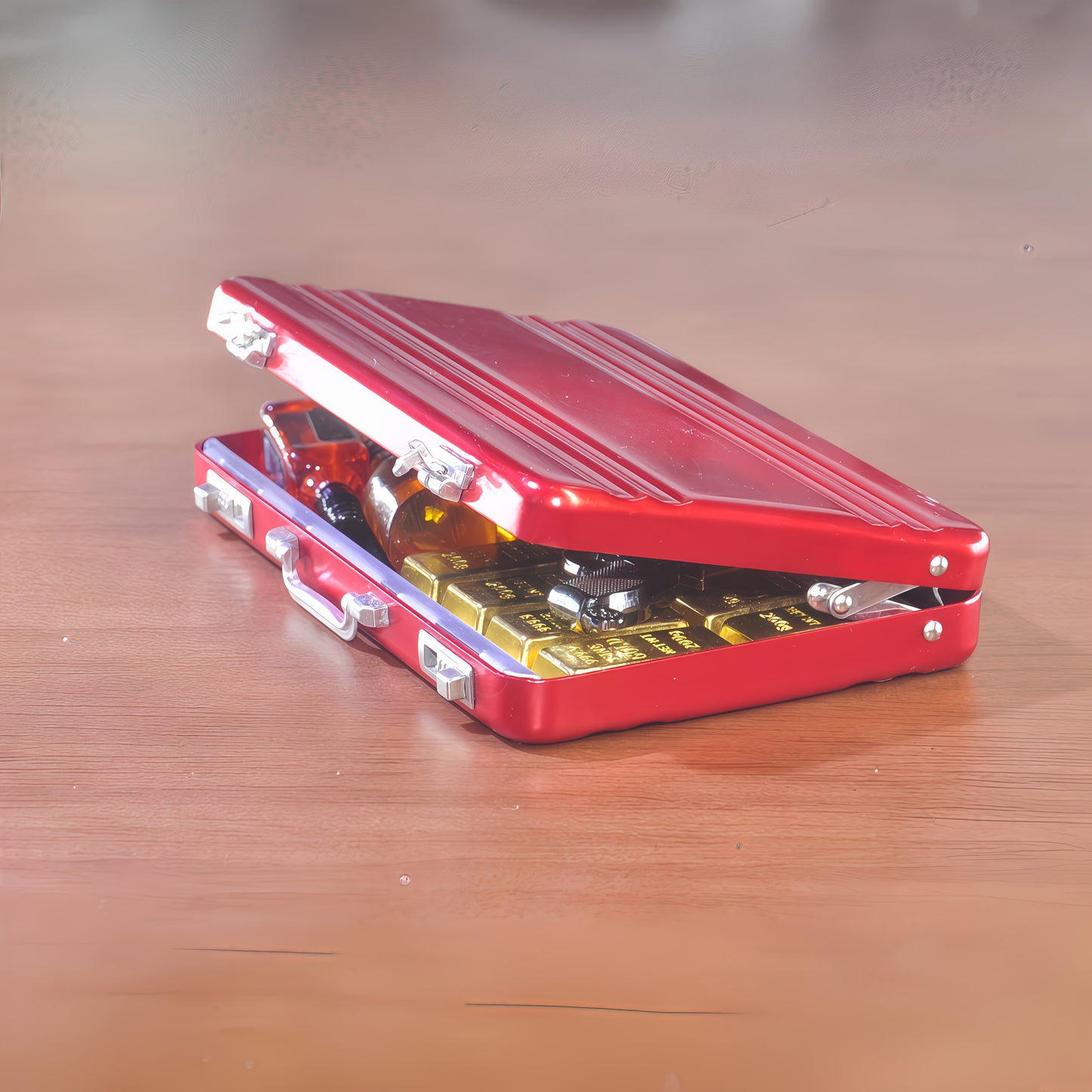 1:6 Scale Miniature Red Briefcase Set - Includes 14 Mini Gold Bars, 2 bottles of Whiskey, and 8 Vintage Coins - Unique Adult NoveltyToy & Dollhouse Accessories