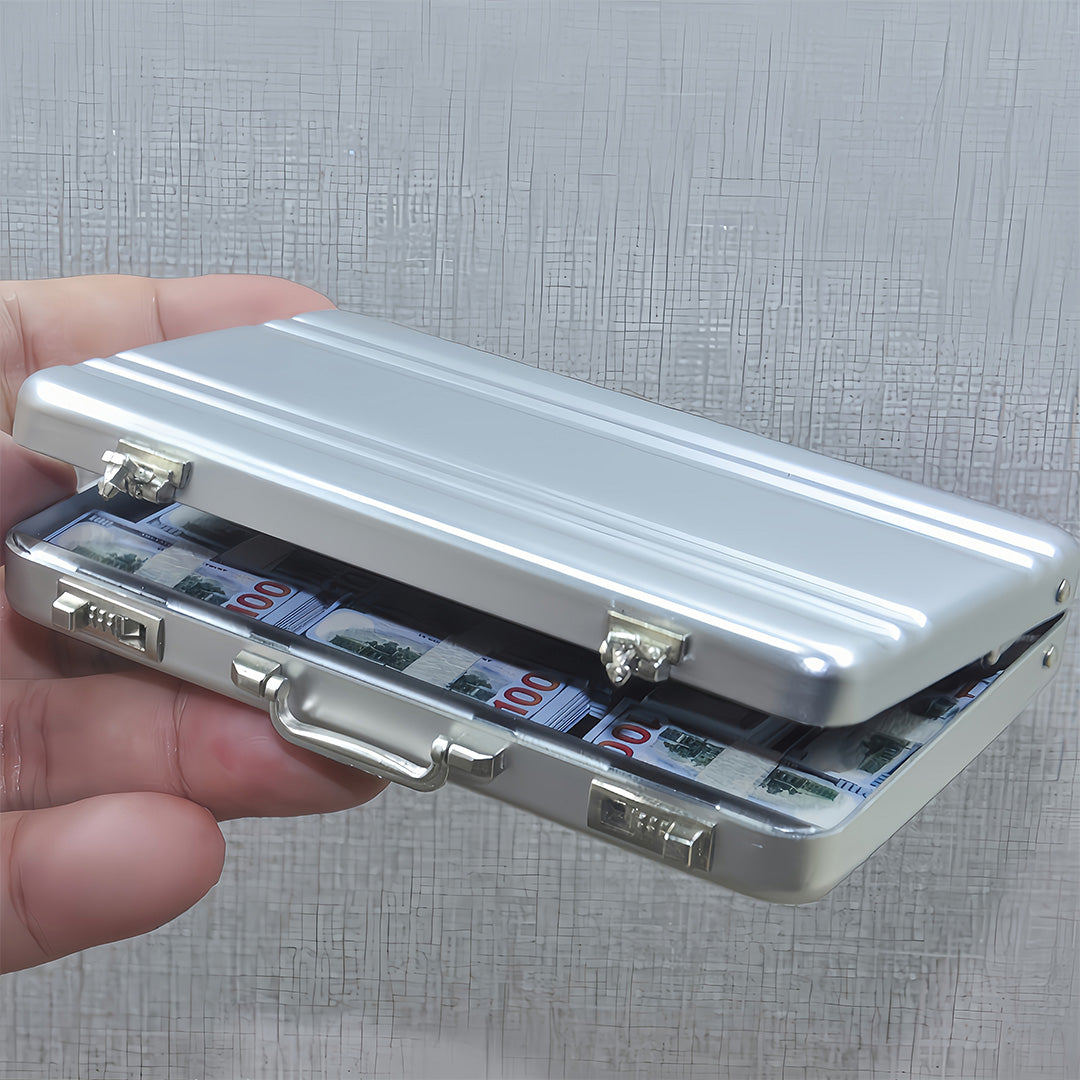 1:6 Silver Alloy Mini Briefcase Set - Creative Model House Decor for Adults, Office Style Replica with Security Case & Money Bundles, Miniature Photography Props