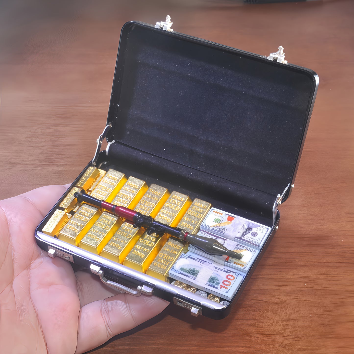 1:6 Scale Miniature Red Briefcase Set -Comes with 1 Heavy Weapon，Mini GoldenBars,  Miniature Bills and Antique Coins - Unique Adult Novelty Toys，Creative Gift and Dollhouse Accessories