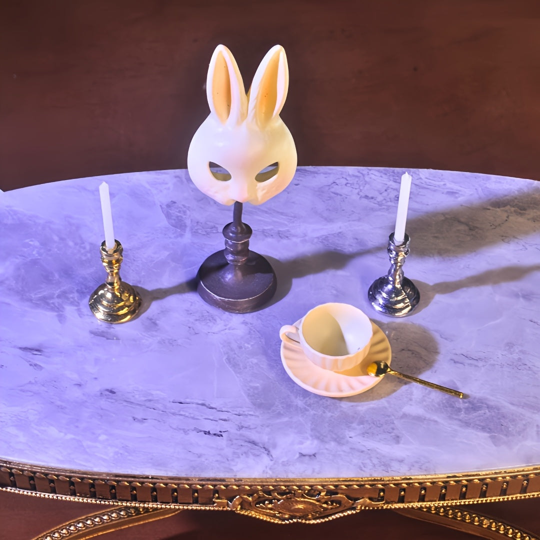 1:6 Scale Miniature Rabbit Mask, Gold & Silver Candle Holders, and Coffee Cup Set - Ideal for Creative Gifts, Dollhouse Accessories, and Unique Novelty Collectibles for Ages 14+