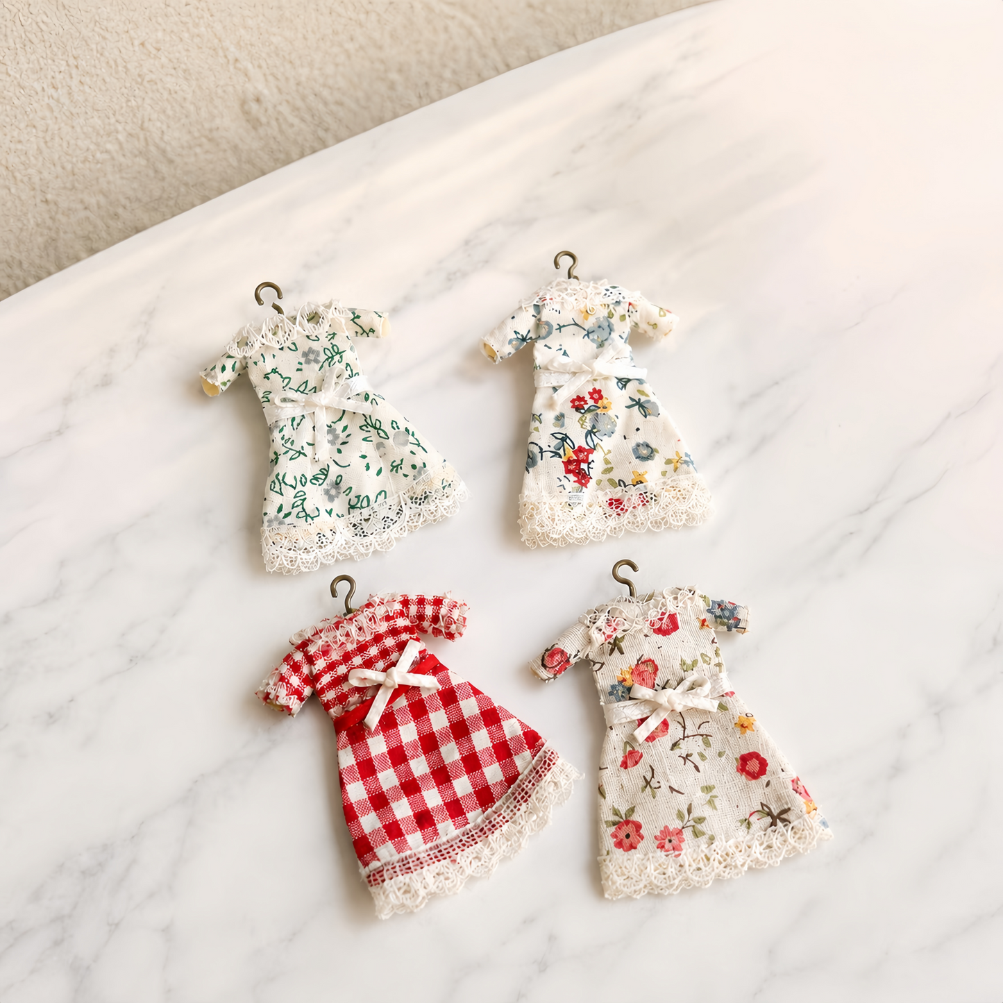 FDMINI Mini Floral Dress – 4 Prints Miniature Lace-Trim Doll Dress on Hanger for 1:12 Dollhouse Wardrobe & Diorama Scenes