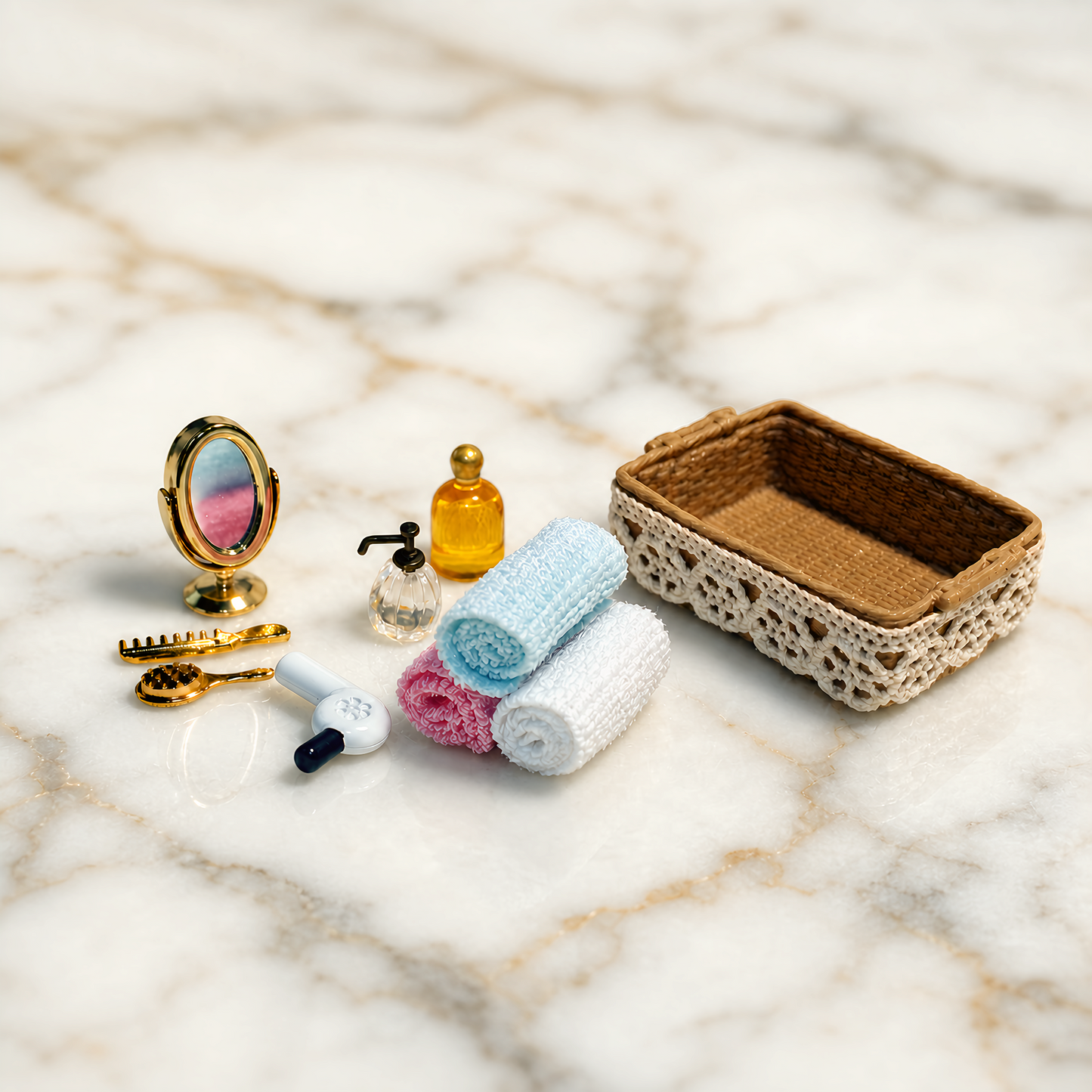 FDMINI Mini Bathroom Accessory Basket – 2 Styles Miniature Toiletries & Vanity Set with Lace Basket for 1:12 Scale Dollhouse & Roombox