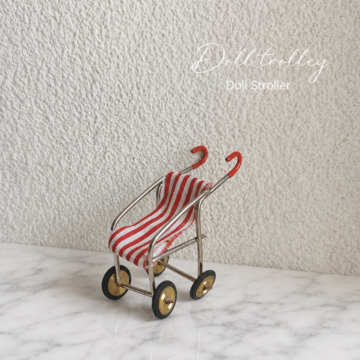 FDMINI Mini Baby Stroller – Vintage Metal Miniature Pram with Striped Seat for 1:12 Scale Dollhouse Nursery, Roombox & Doll Photo Props