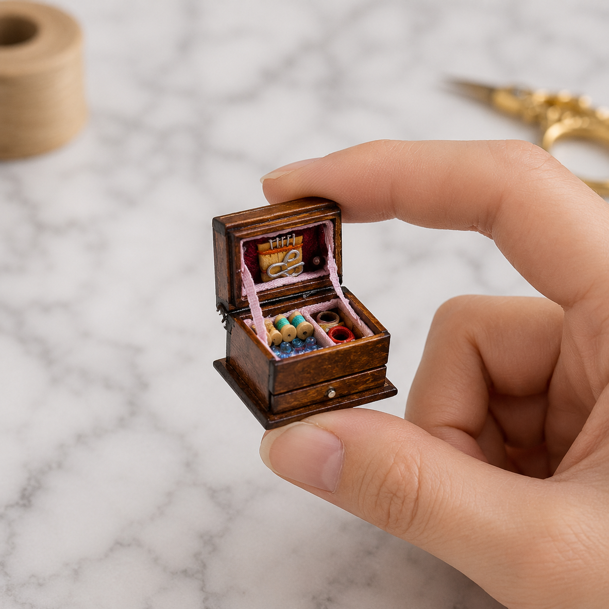 FDMINI Mini Sewing Box – Vintage Wooden Miniature Sewing Chest with Opening Drawer & Filled Contents for 1:12 Scale Dollhouse & Roombox