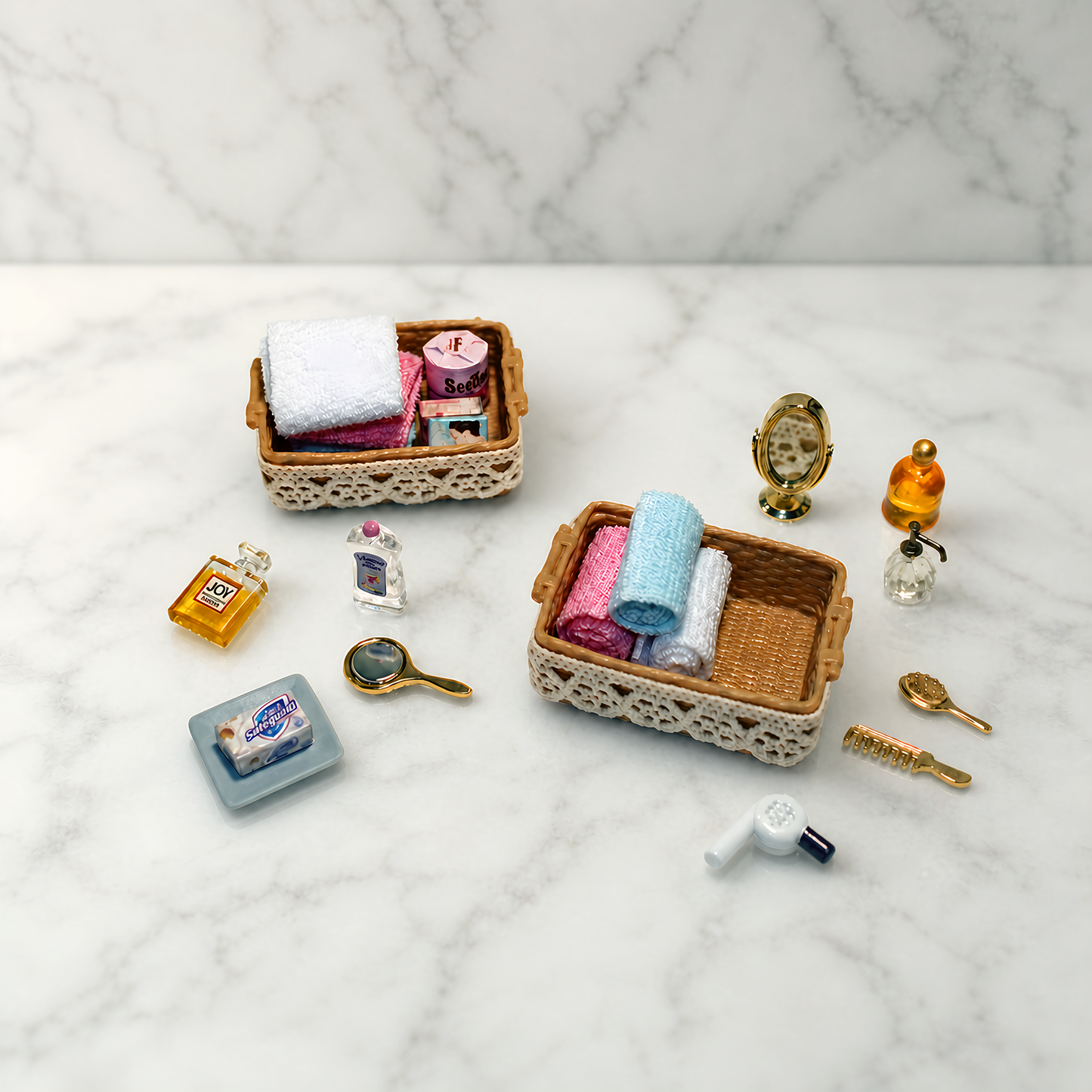 FDMINI Mini Bathroom Accessory Basket – 2 Styles Miniature Toiletries & Vanity Set with Lace Basket for 1:12 Scale Dollhouse & Roombox