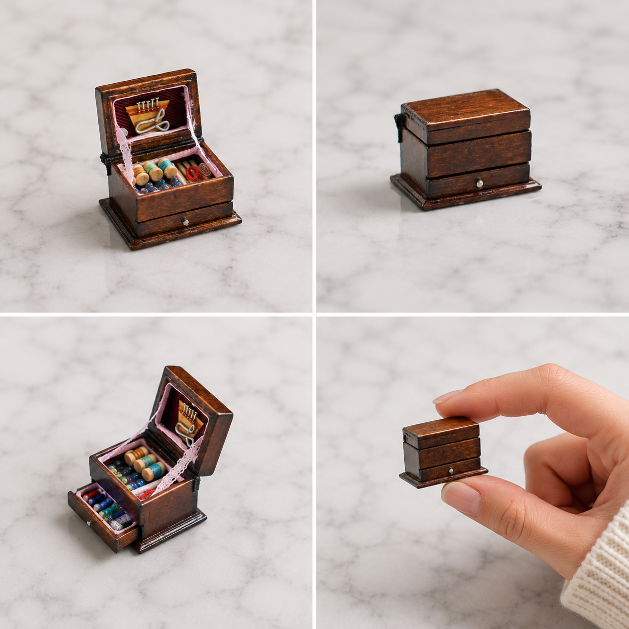 FDMINI Mini Sewing Box – Vintage Wooden Miniature Sewing Chest with Opening Drawer & Filled Contents for 1:12 Scale Dollhouse & Roombox