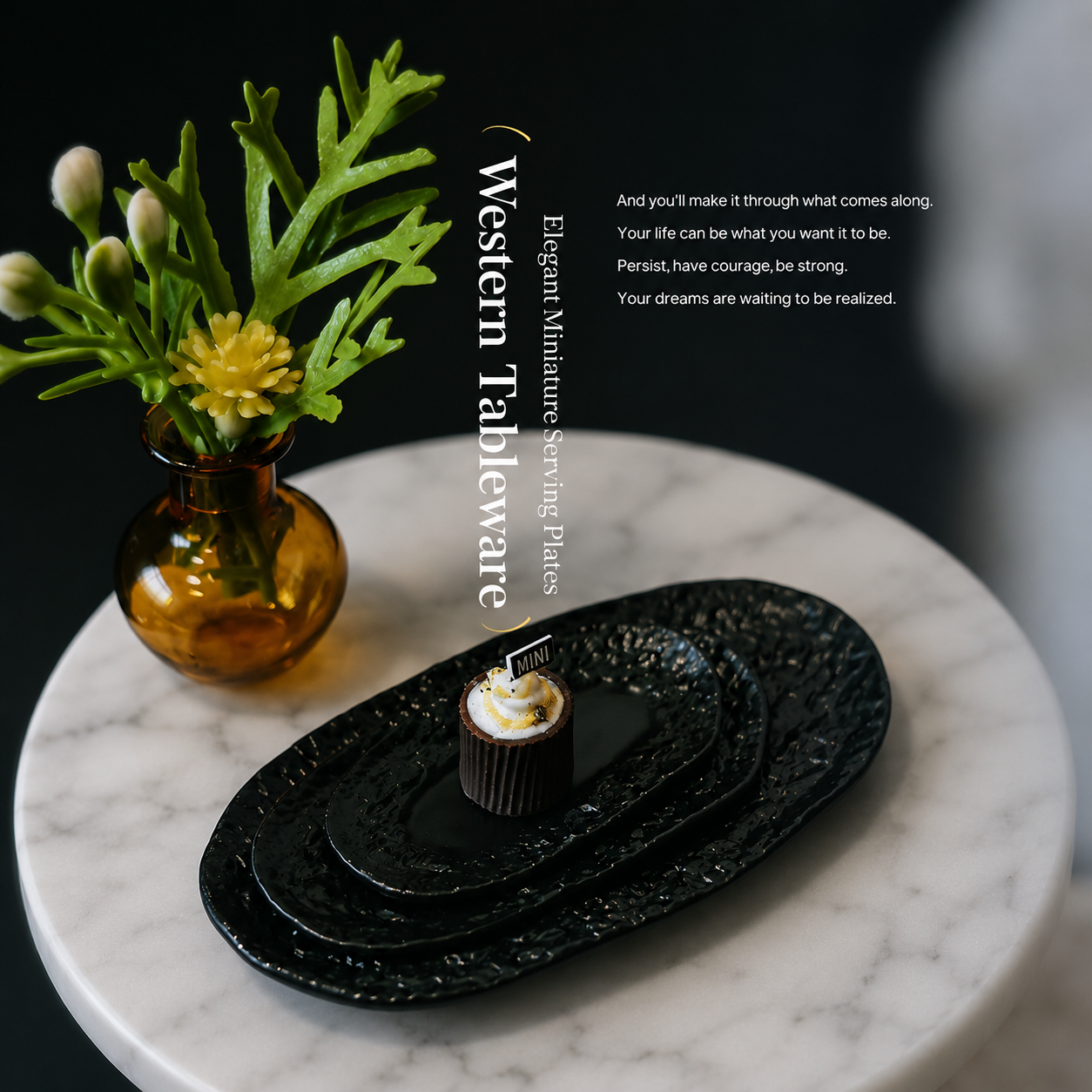 FDMINI Mini Stone-Texture Oval Platters – 4 Colors × 3 Sizes Miniature Steak Plate & Serving Dish for 1:6 Dollhouse, BJD & Blythe Scenes