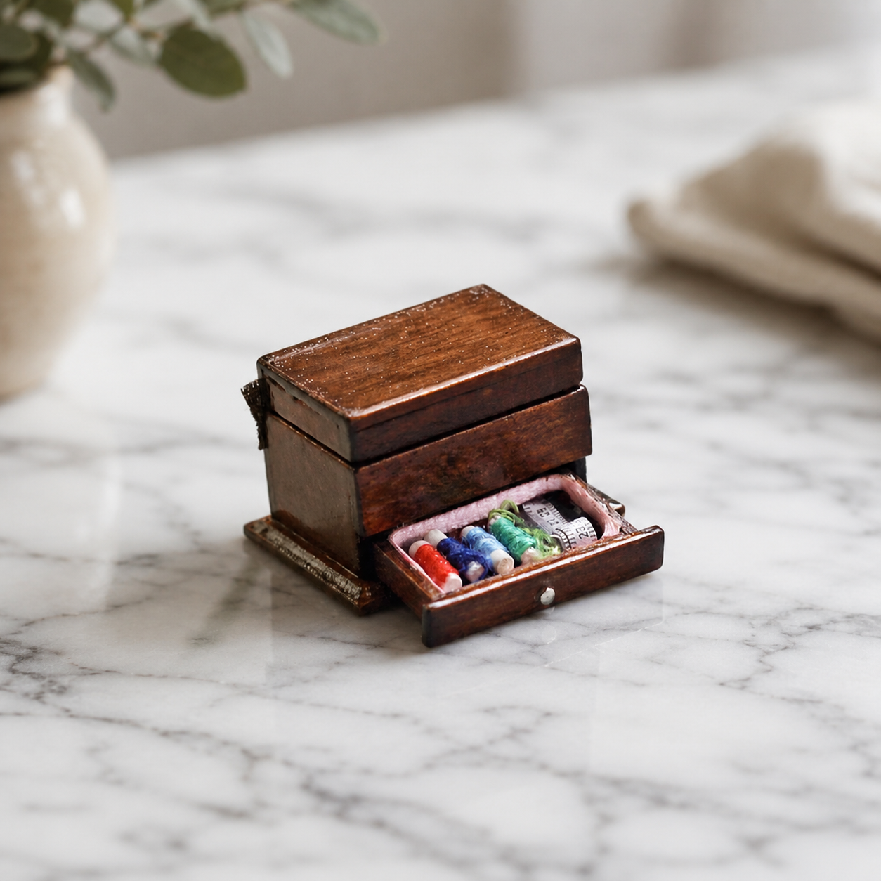 FDMINI Mini Sewing Box – Vintage Wooden Miniature Sewing Chest with Opening Drawer & Filled Contents for 1:12 Scale Dollhouse & Roombox