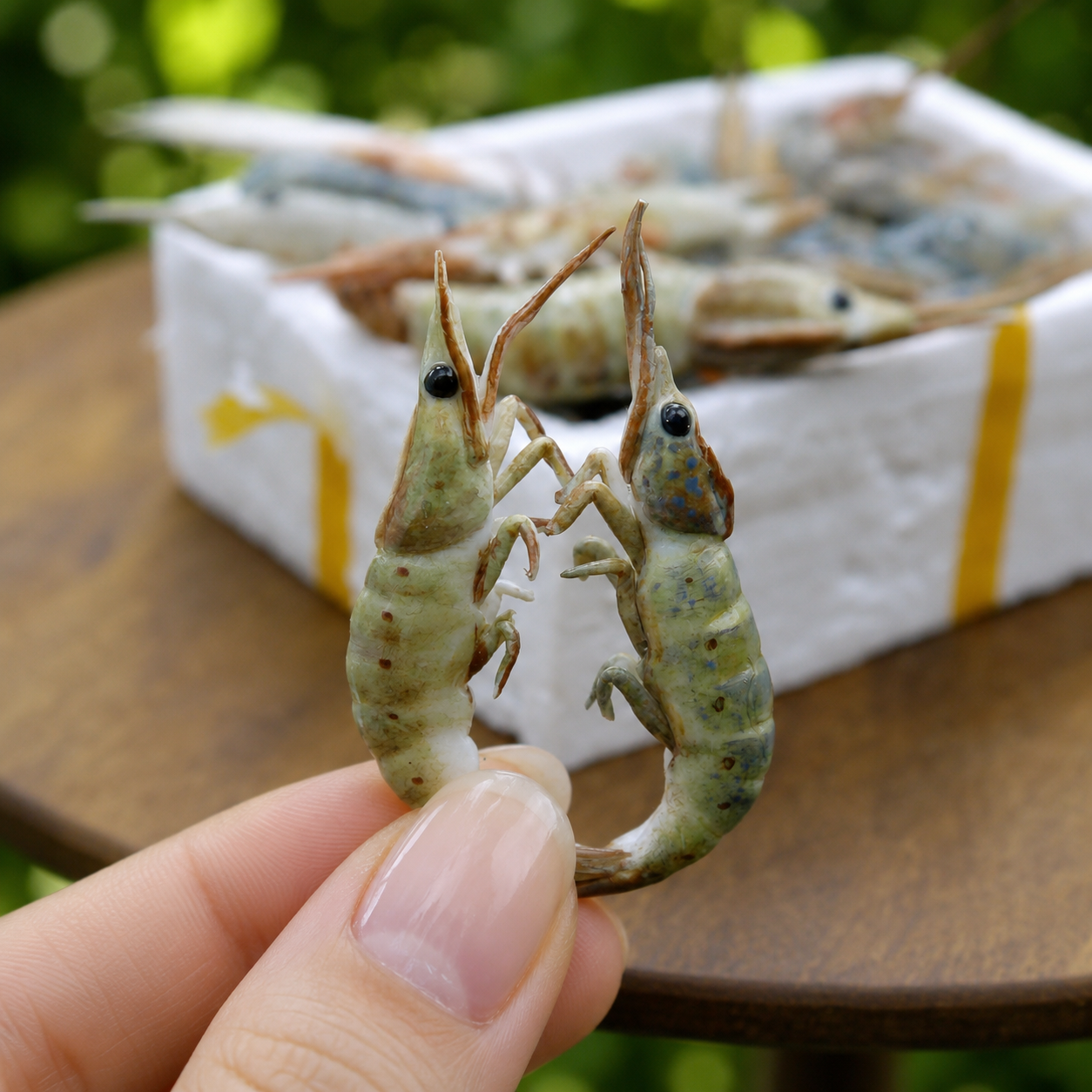 Miniature Raw Shrimp - Hand-Sculpted 1:6 Scale Fresh Whole Prawns with Heads, Translucent Gray-Green Body & Long Antennae, Realistic Seafood Dollhouse Food for Blythe & Barbie Kitchen Dioramas, Resin Jewelry & Polymer Clay Food