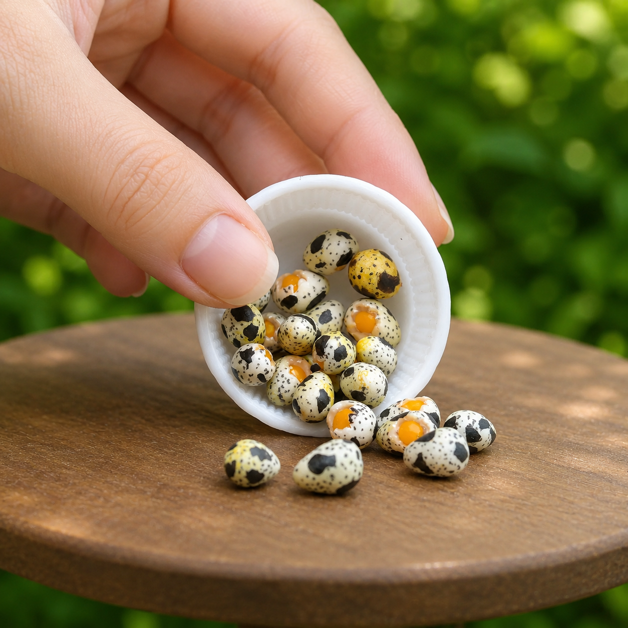 Miniature Quail Eggs - Hand-Sculpted 1:6 Scale Speckled Quail Eggs with Cracked-Open Yolk Detail, Realistic Dollhouse Food for Blythe & Barbie Kitchen Dioramas, Resin Jewelry & Polymer Clay Food