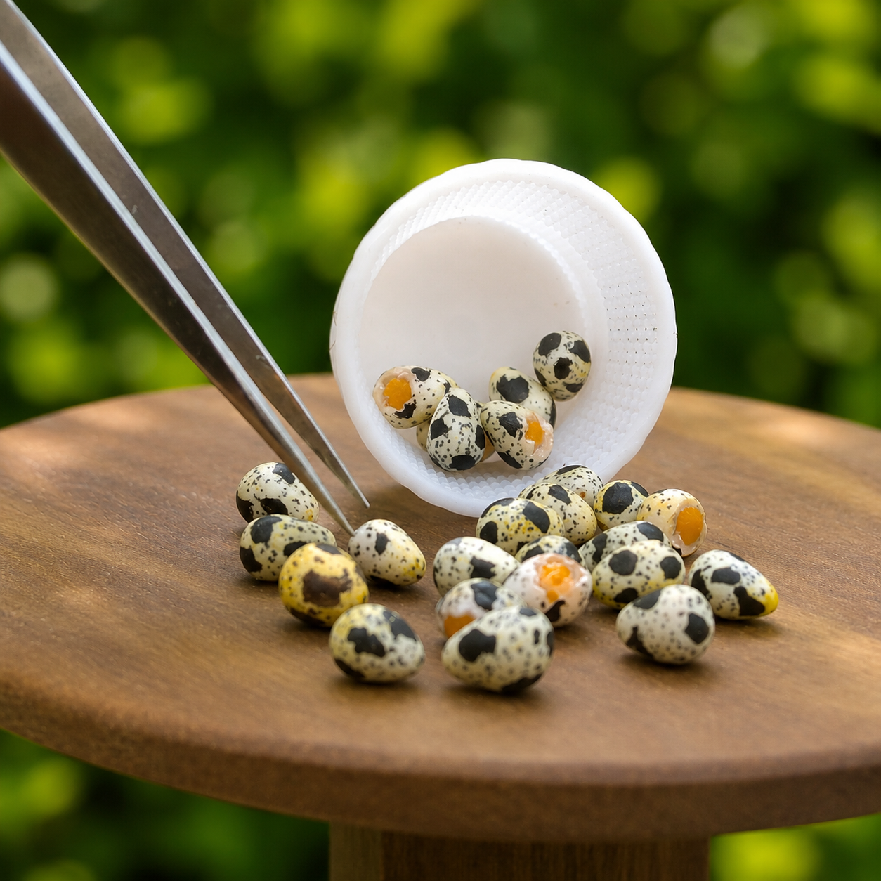 Miniature Quail Eggs - Hand-Sculpted 1:6 Scale Speckled Quail Eggs with Cracked-Open Yolk Detail, Realistic Dollhouse Food for Blythe & Barbie Kitchen Dioramas, Resin Jewelry & Polymer Clay Food