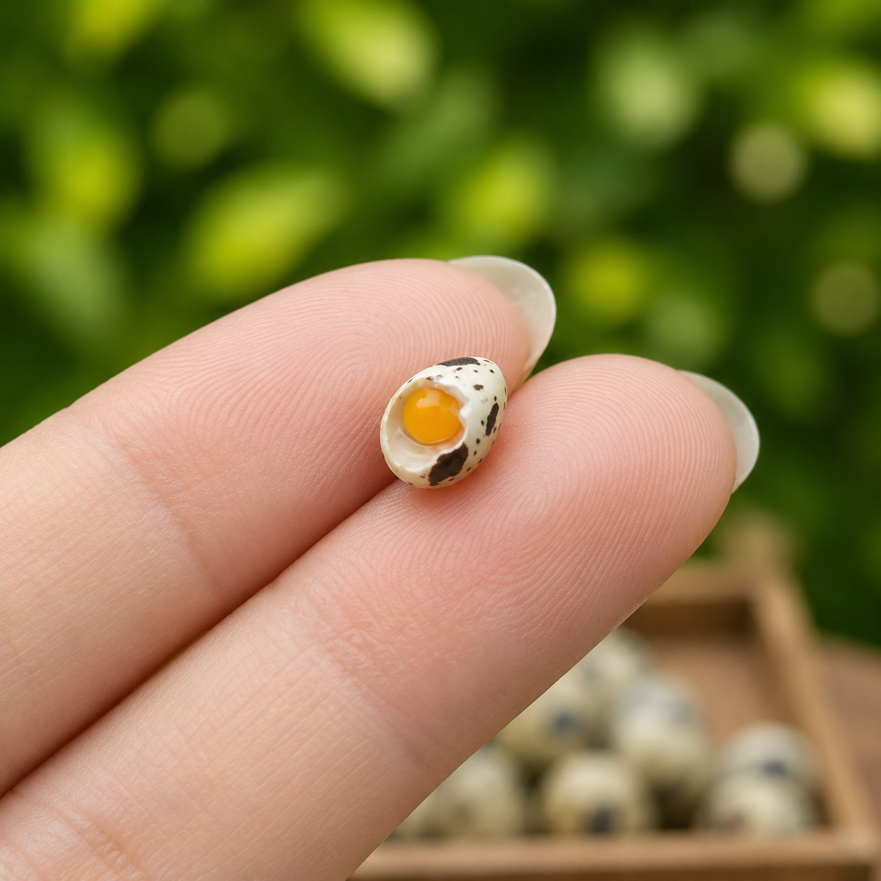 Miniature Quail Eggs - Hand-Sculpted 1:6 Scale Speckled Quail Eggs with Cracked-Open Yolk Detail, Realistic Dollhouse Food for Blythe & Barbie Kitchen Dioramas, Resin Jewelry & Polymer Clay Food