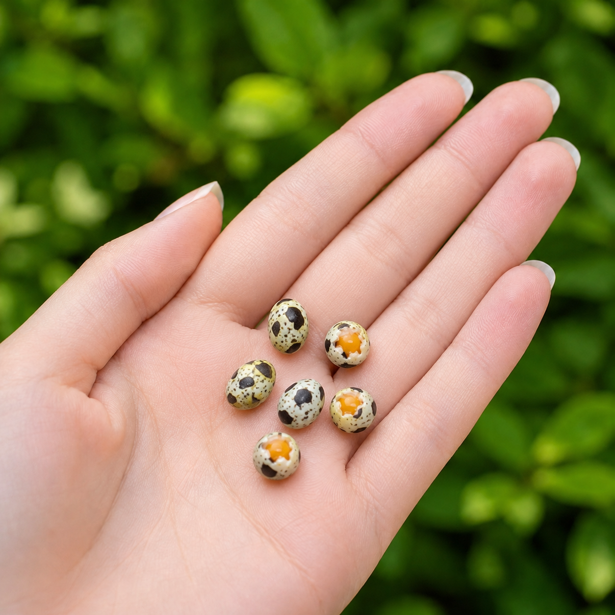 Miniature Quail Eggs - Hand-Sculpted 1:6 Scale Speckled Quail Eggs with Cracked-Open Yolk Detail, Realistic Dollhouse Food for Blythe & Barbie Kitchen Dioramas, Resin Jewelry & Polymer Clay Food