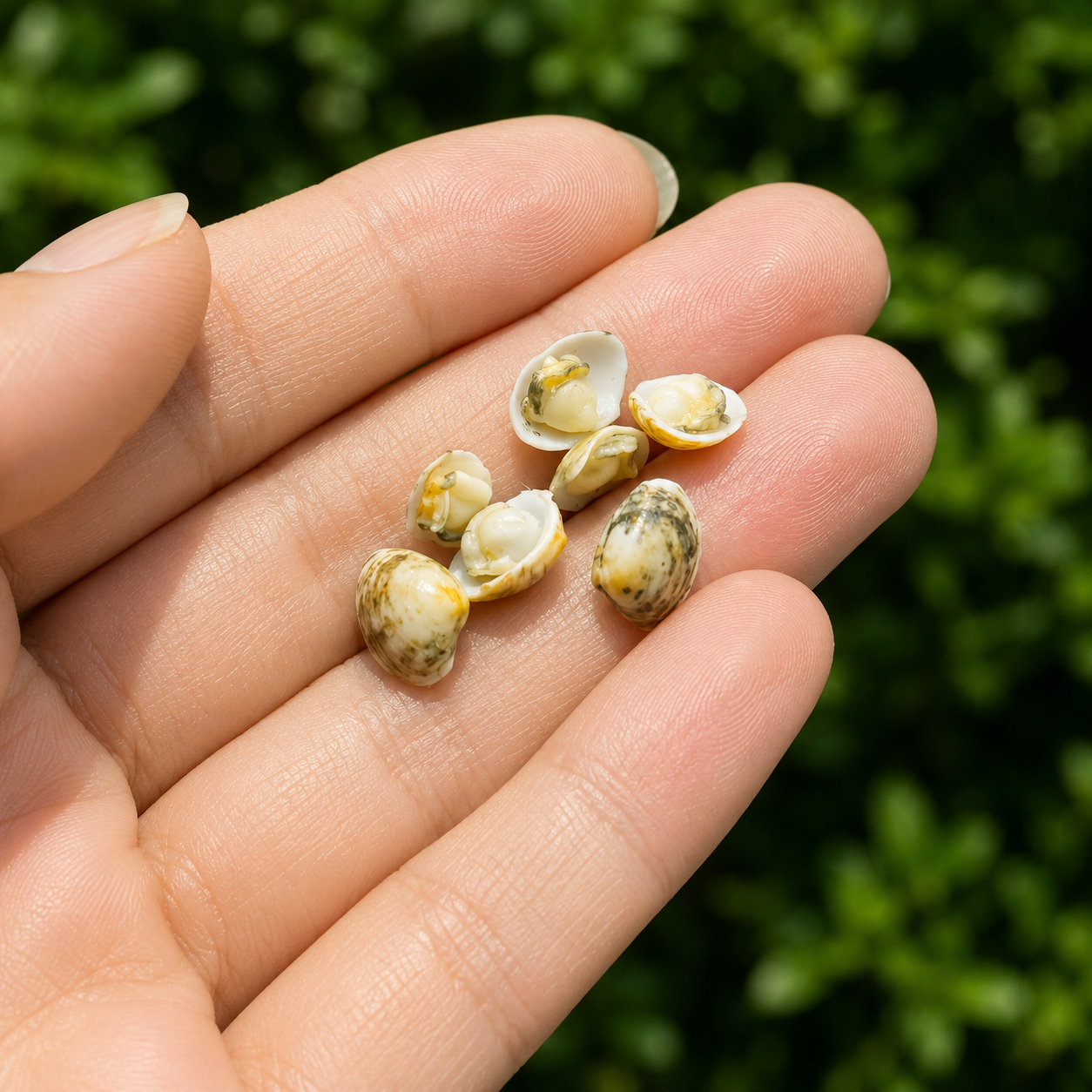 Miniature Clams - Hand-Sculpted 1:6 Scale Manila Clams with Mottled Shells, Open & Closed, Realistic Seafood Dollhouse Food for Blythe & Barbie Kitchen Dioramas, Resin Jewelry & Polymer Clay Food