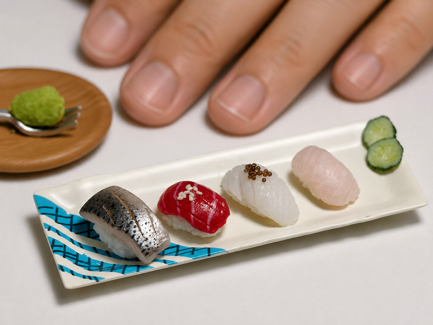 1:6 Scale Miniature Sushi Set – Dollhouse Nigiri 4-Piece Platter with Cucumber, Mini Food for Blythe BJD Dolls & Dioramas