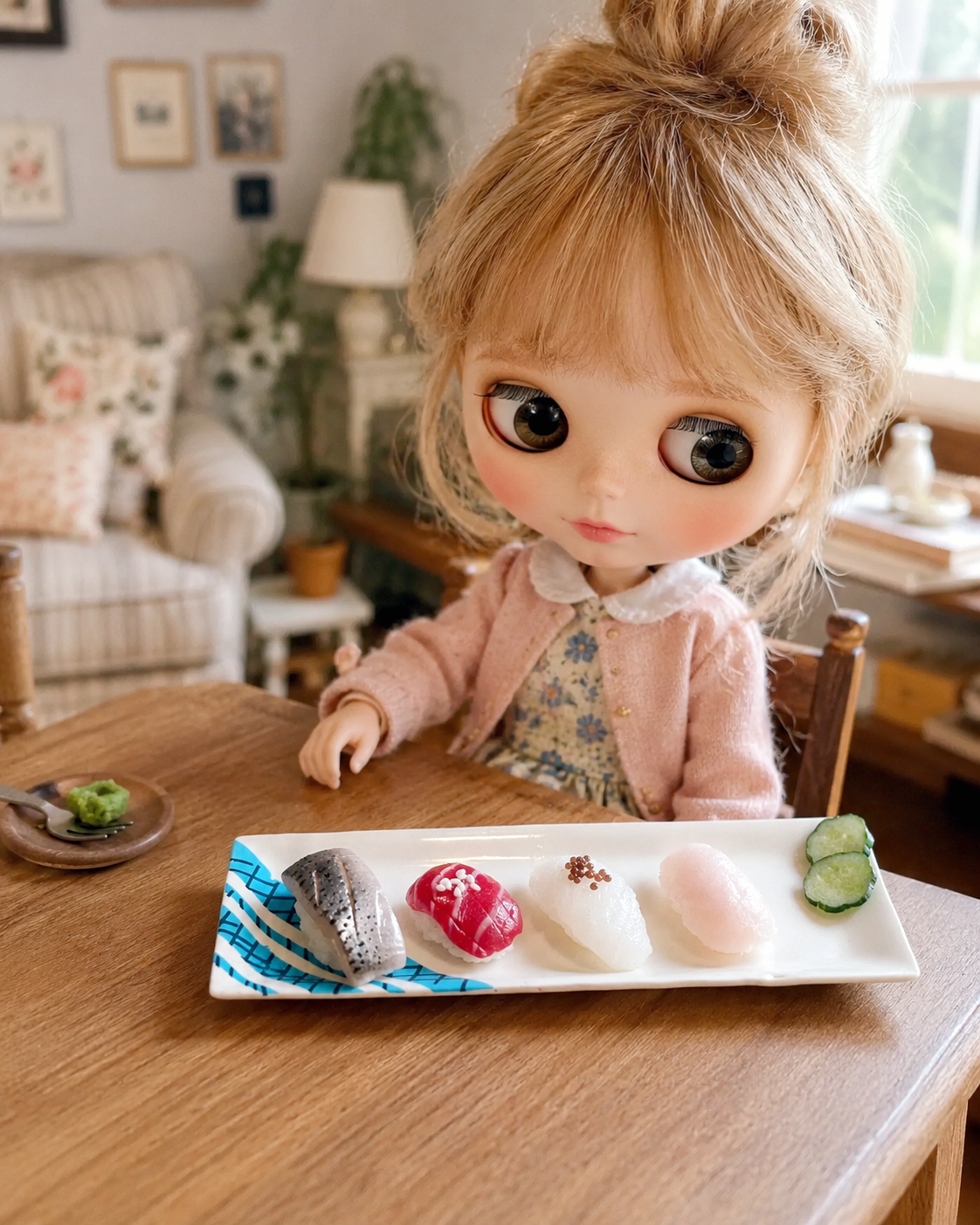 1:6 Scale Miniature Sushi Set – Dollhouse Nigiri 4-Piece Platter with Cucumber, Mini Food for Blythe BJD Dolls & Dioramas