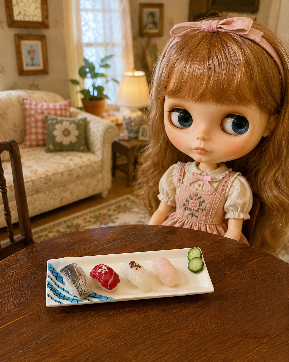 1:6 Scale Miniature Sushi Set – Dollhouse Nigiri 4-Piece Platter with Cucumber, Mini Food for Blythe BJD Dolls & Dioramas