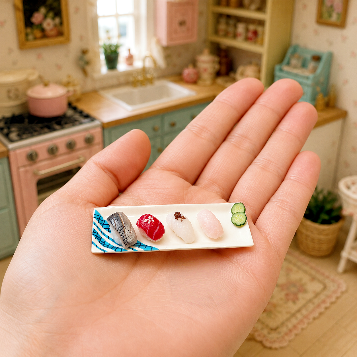 1:6 Scale Miniature Sushi Set – Dollhouse Nigiri 4-Piece Platter with Cucumber, Mini Food for Blythe BJD Dolls & Dioramas