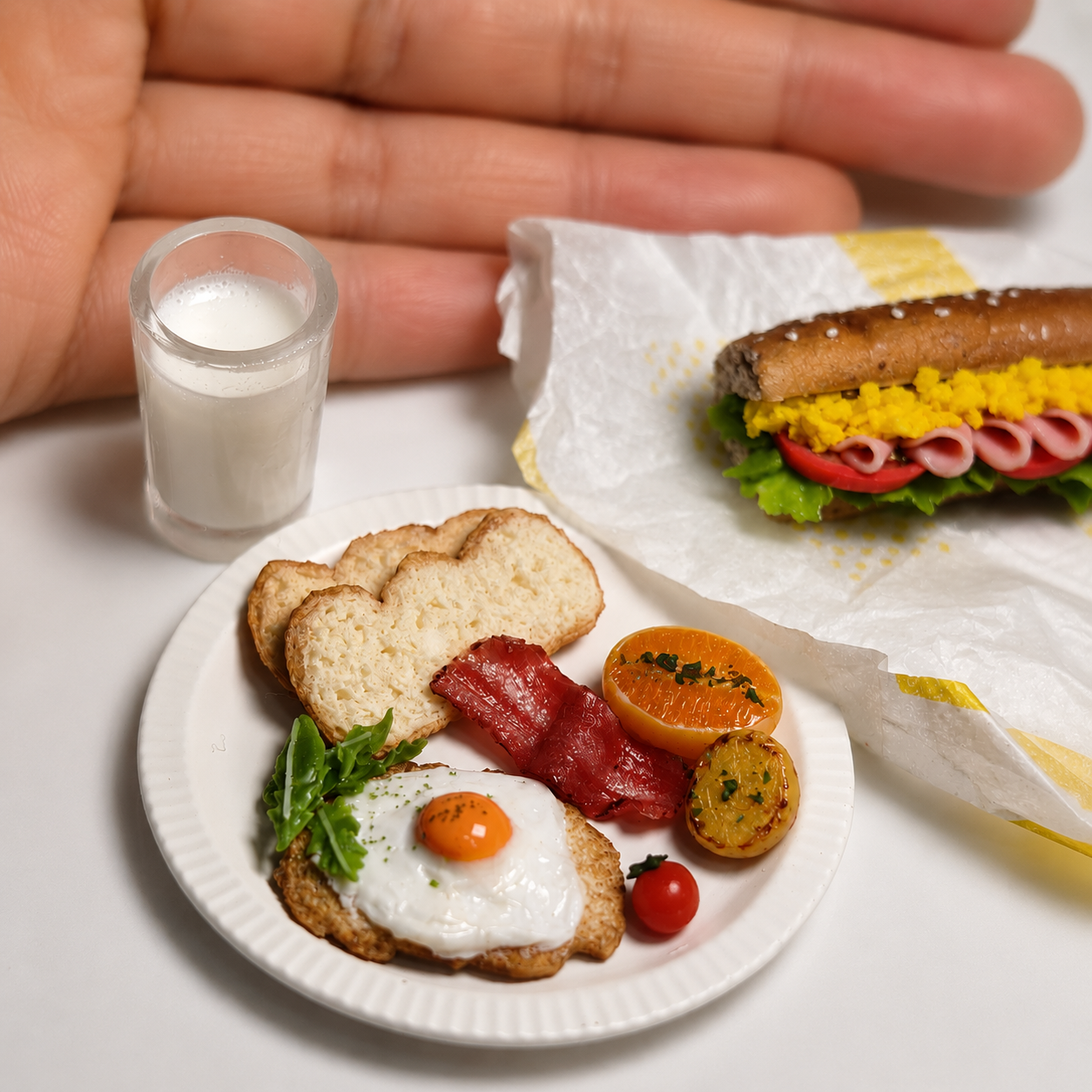 Miniature Breakfast Plate - Hand-Sculpted 1:6 Scale Dollhouse Breakfast Set with Fried Egg, Toast, Bacon & Milk, Realistic Tiny Food for Blythe & Barbie Kitchen Dioramas, Polymer Clay Food
