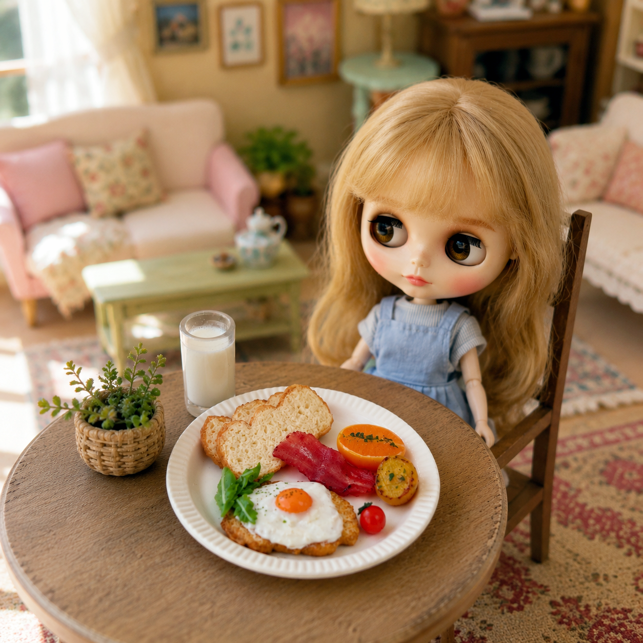Miniature Breakfast Plate - Hand-Sculpted 1:6 Scale Dollhouse Breakfast Set with Fried Egg, Toast, Bacon & Milk, Realistic Tiny Food for Blythe & Barbie Kitchen Dioramas, Polymer Clay Food
