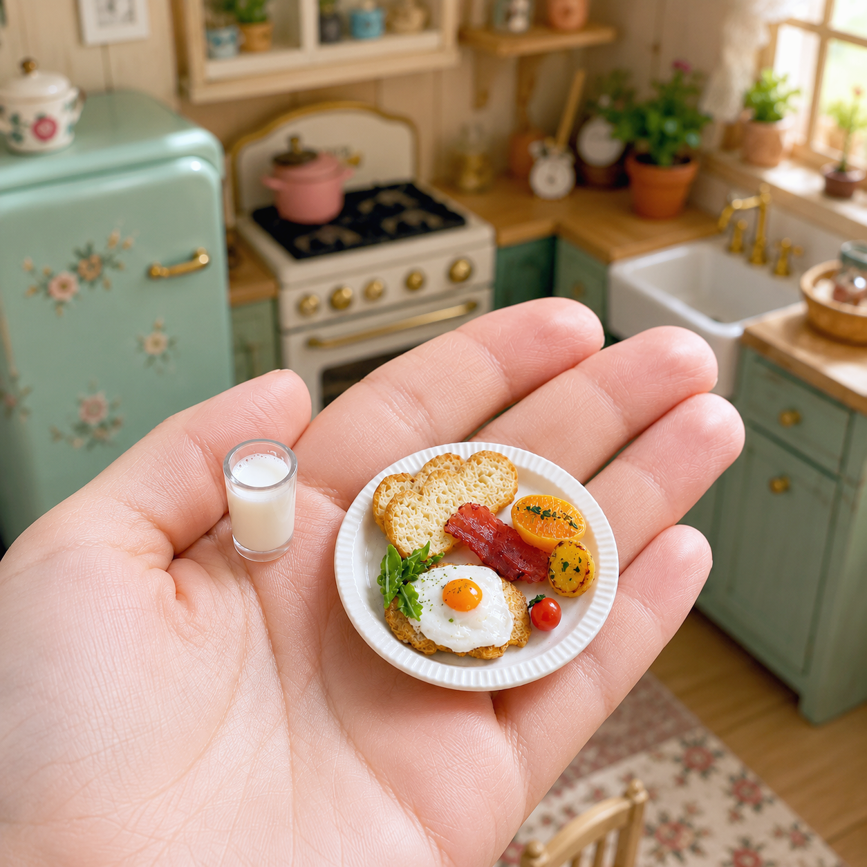 Miniature Breakfast Plate - Hand-Sculpted 1:6 Scale Dollhouse Breakfast Set with Fried Egg, Toast, Bacon & Milk, Realistic Tiny Food for Blythe & Barbie Kitchen Dioramas, Polymer Clay Food