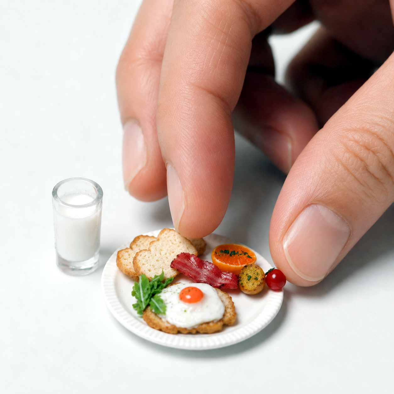 Miniature Breakfast Plate - Hand-Sculpted 1:6 Scale Dollhouse Breakfast Set with Fried Egg, Toast, Bacon & Milk, Realistic Tiny Food for Blythe & Barbie Kitchen Dioramas, Polymer Clay Food